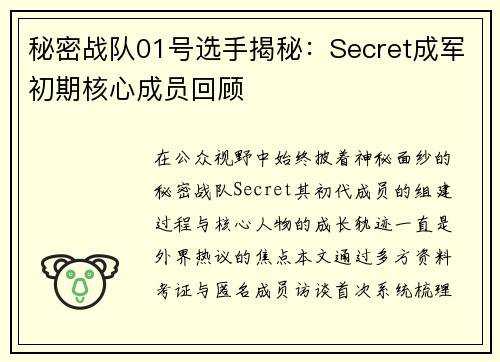 秘密战队01号选手揭秘：Secret成军初期核心成员回顾