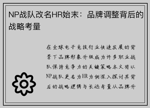 NP战队改名HR始末：品牌调整背后的战略考量
