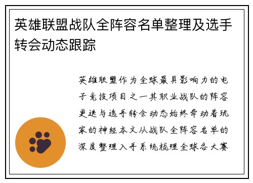 英雄联盟战队全阵容名单整理及选手转会动态跟踪
